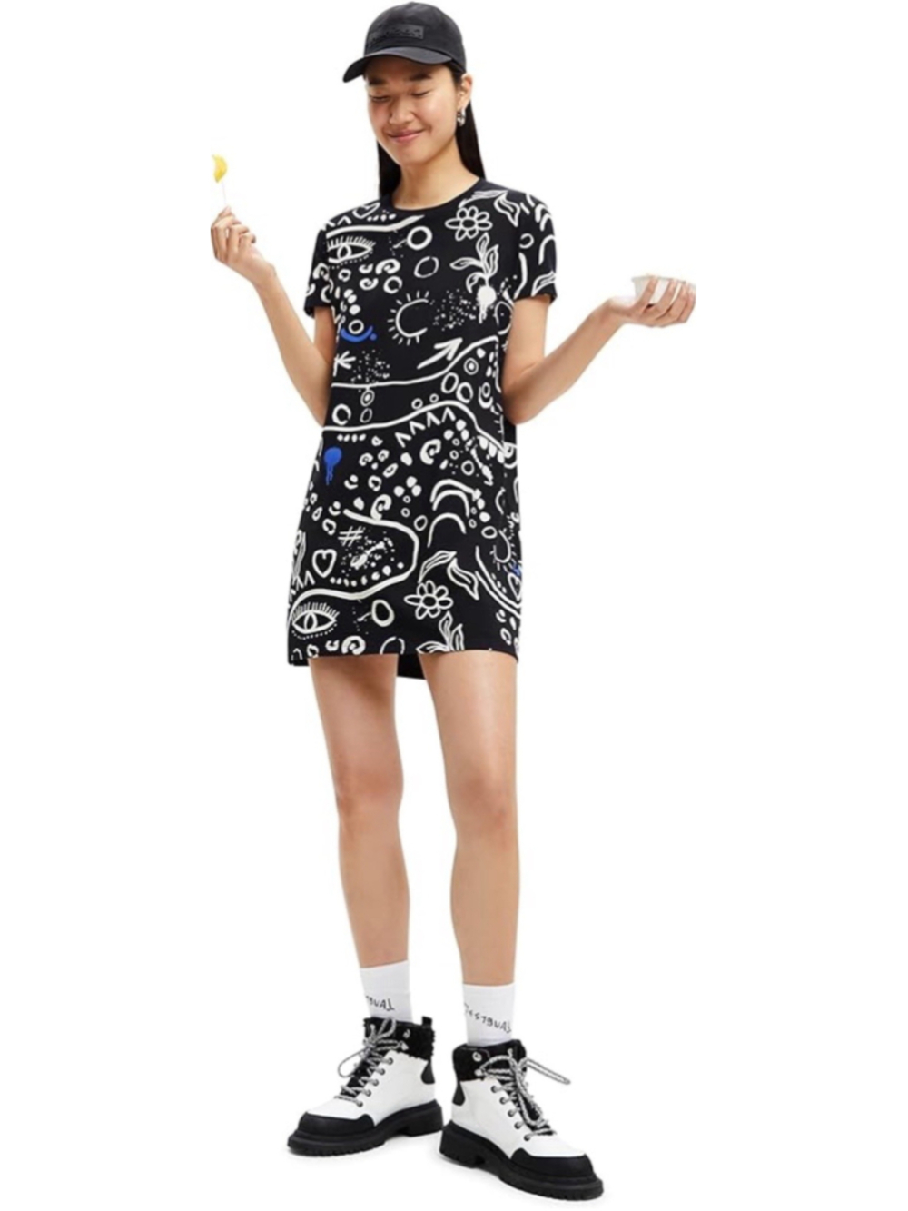 Desigual T Shirt Dress S Abstract Graphic Print Jersey Scoop Neck Mini Black